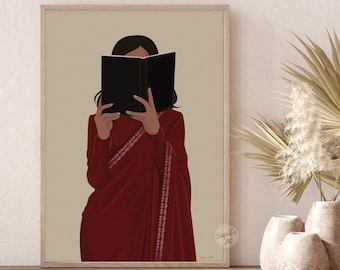 May include: A digital illustration of a person wearing a red saree with intricate embroidery, holding a black book in front of their face. The background is a light beige color.
