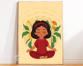 インドの女の子の瞑想アート、デシキッズヨガプリント、ブラウンガールの子供部屋の壁アート、南アジアの子供部屋の装飾、落ち着くコーナー、即時ダウンロード