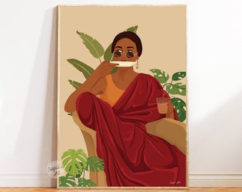 チャイを飲むインド人女性のアート、デシアート、インドの壁画、南アジアの版画、お茶好きのアート、現代のインド人女性、褐色の女の子の印刷可能なアート