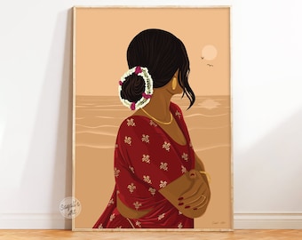 ビーチのインド人女性のアート、サリーを着た女性のウォールアート、デジ沿岸装飾、南アジアの美的プリント、セルフケアギフト、即時ダウンロード