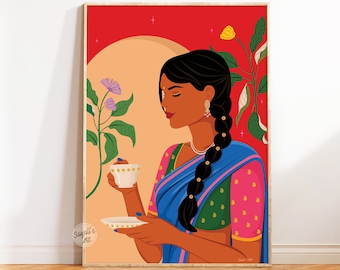 Indian Woman drinking Chai Art, Desi Art print, brown Indian girl poster, South Asia art, Coffee Lover Portrait, Tea lover printable