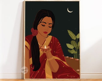 Indian woman lighting diya Art desi art Tamil art south asian art Indian art print Woman in sari Brown Girl Art PRINTABLE