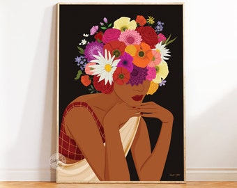 Indian Woman Flower Head Wall Art, Desi Art, Flower Woman Art, South Asian Art, Brown Girl, South Indian Art, Tamil girl, Digital Download