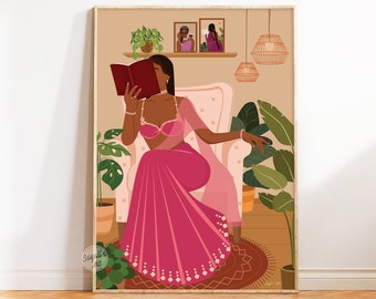 Modern Indian Woman Reading Book, boss lady Art,Desi wall Art, Indian Book Lover Art,South Asian Art,Tamil Girl, Brown Girl,digital download