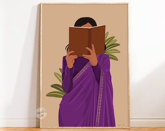 Desi Women Reading Book, Indian wall  Art, Desi print , Book Lovers Wall Art, South indian Art, Tamil Girl, Brown Girl art, digital download
