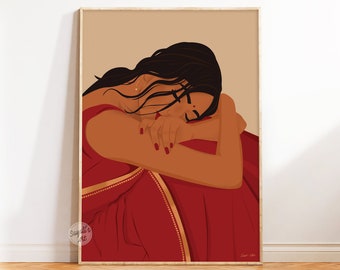 Relaxed Indian woman Art, south Asian art,Modern desi print, Indian Art Print, Tamil girl ,Brown girl poster, digital download