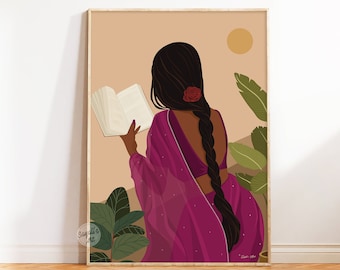 Indian Women In Saree Reading Book Art, Indian Wall Art, Desi Art,Tamil Girl, Brown Girl, Plant Mom Print, Book Lovers Art, digital download