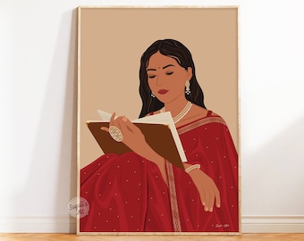 Indian woman in saree reading book art, Indian wall art, Brown girl art, Desi art print, Tamil girl, Book lover art, Digital download