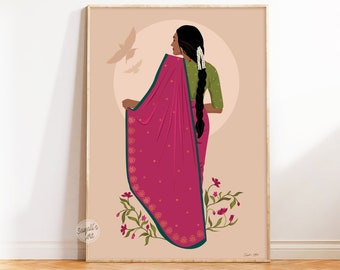 Desi Art,South Asian Woman,Brown Girl Portrait, Modern Woman in Saree Art,South Indian Art, Tamil Art,Indian Woman Wall Art,digital download