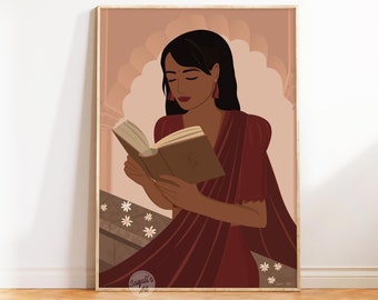Indian Woman Reading Book Art, Women In Saree, Boho Art, Desi Art, Book Lovers Gift, South Asian Art, Indian Art,Brown Girl,digital download