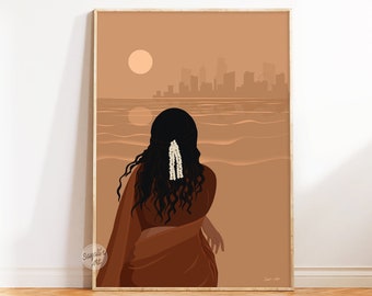 Indian woman on beach Art, Desi Art, Indian art, Woman in saree, Tamil girl , south Asian Art, Brown Girl Art, Desi Print, Digital download