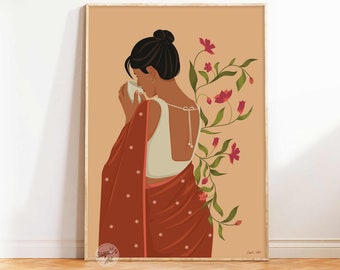 Indian woman having tea, Desi Art, chai art, Indian Art, Indian Wall Art, South Asian Art, Tamil girl , Brown Girl,  Digital download