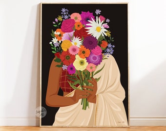 Indian Woman Flower Head Wall Art, Desi Art, Flower Woman Art, South Asian Art, Brown Girl, South Indian Art, Tamil girl, Digital Download