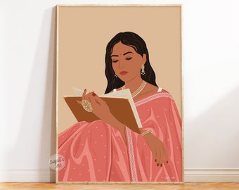 Modern Indian woman reading book art, boho art,desi art, Indian book lover wall art, south asian art,indian art, tamil art, digital download