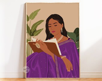 Desi Indianka czytająca książkę, indyjski wydruk artystyczny, brązowa dziewczyna, plakat z dziewczyną z Tamil, indyjski salon ścienny, sztuka miłośnika książek, sztuka cyfrowa