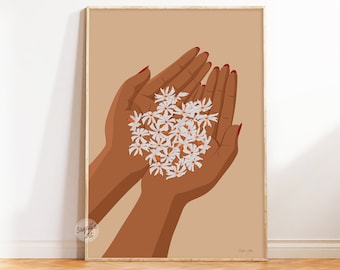 Arte de flores de jazmín nocturno, arte mural floral, arte desi, arte indio, arte tamil, arte telugu, arte del sur de Asia, arte de mujeres indias, descarga digital