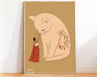 Arte da senhora gata indiana, Arte Desi, Arte indiana, Arte do sul da Ásia, impressão de gato, Arte do sul da Índia, Menina marrom, Impressão Desi, pôster de gato, download digital