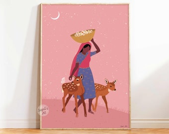 Indianer Dorf Kunst, Illustration, Frau und Hirsch, Illustration, Wandbild, Illustration, moderne Kunst, sofort Download