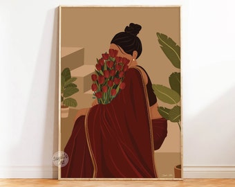 May include: A woman in a maroon sari holds a bouquet of red tulips. The background is a warm brown with green plants.