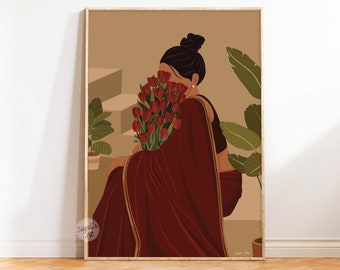 Indian Woman with Flowers, Desi Art, Flower Woman Art, South Asian Art, Brown Girl, Modern Woman in Saree, Tamil girl, instant download