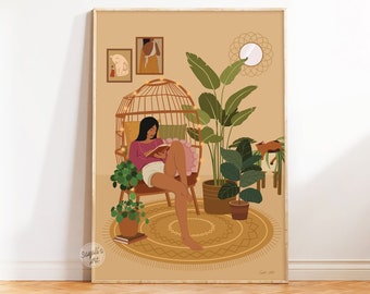 Modern Indian Woman Reading Book, Indian Art, Desi Art, Book Lovers Wall Art, South Asian Art, Tamil Girl, Brown Girl art, digital download