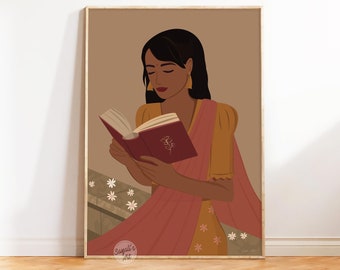 indianische Frau liest Buch, Desi Kunst, Buchliebhaber Kunst, südasiatische Kunst, indianische Kunst, moderne indische Kunst, muskulöse Mädchenkunst, digitaler Download