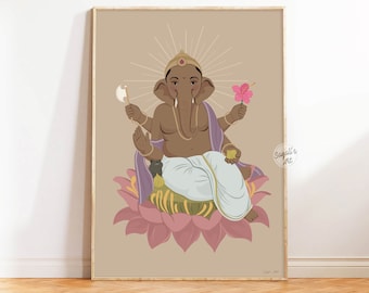 May include: A digital illustration of the Hindu deity Ganesha, depicted with an elephant head, sitting on a pink lotus flower. He is holding a small axe in one hand and a flower in the other. The background is a light brown color.