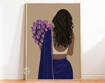 Curly Hair Indian Woman Art, Desi art, Woman In Saree, Indian Art, Tamil Girl, South Asian Art, Brown Girl Art, Desi Print, Digital Download