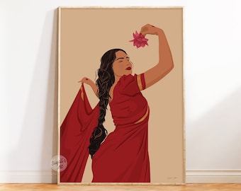 Lámina artística de mujer con sari rojo, decoración de pared india, mujer desi sosteniendo una flor, arte para dormitorio del sur de Asia, regalo para ella, descarga digital imprimible.