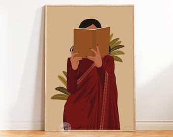 Indian Women Reading Book art , Indian Art, Desi Art, Book Lovers Wall Art, South Asian Art, Tamil Girl, Brown Girl, digital download