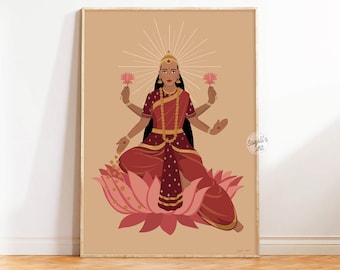 May include: A digital illustration of a Hindu goddess sitting in a lotus position on a pink lotus flower. She has four arms, is wearing a red and gold sari, and has a golden halo around her head. The background is a light brown color.