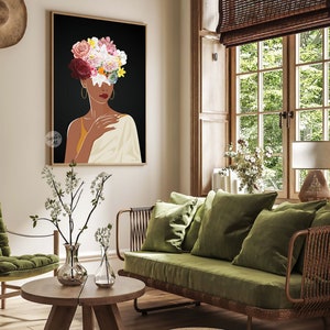 May include: A digital art print featuring a woman with a floral crown on a black background. The woman is wearing a white draped garment and has a gold necklace. The flowers in the crown are pink, red, yellow, and white.