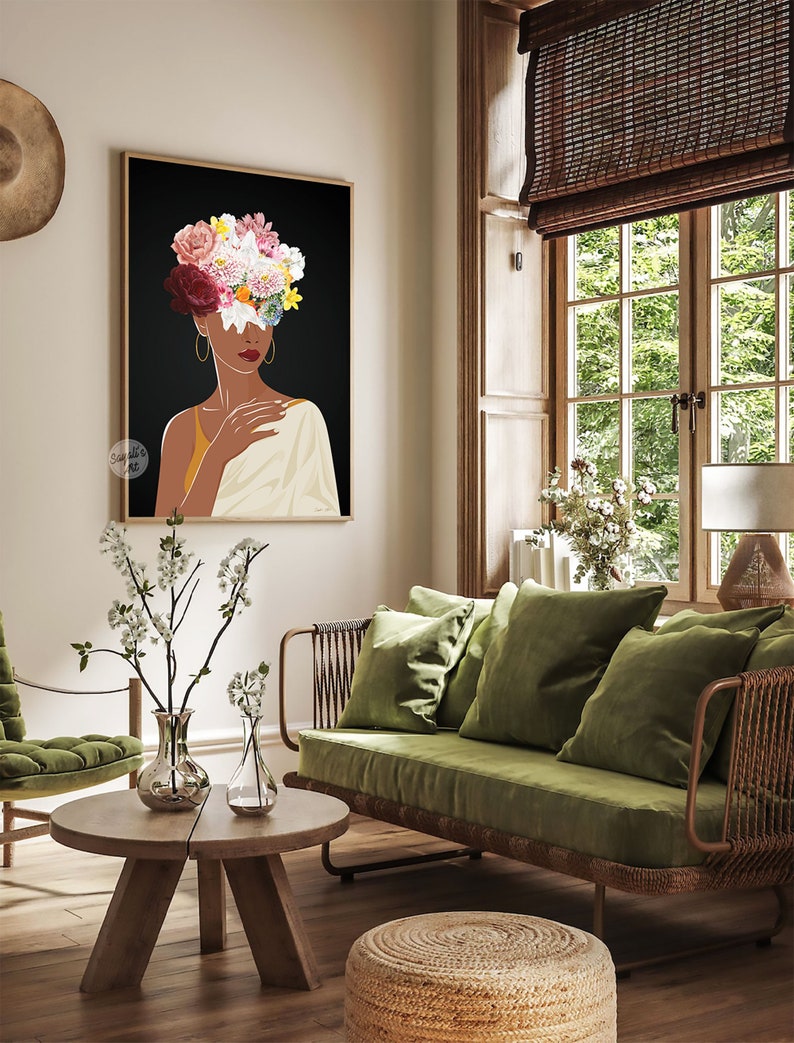 May include: A digital art print featuring a woman with a floral crown on a black background. The woman is wearing a white draped garment and has a gold necklace. The flowers in the crown are pink, red, yellow, and white.