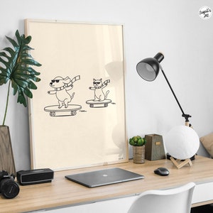 funny doodle/ line art of cat and dog skateboarding, minimal funny line art