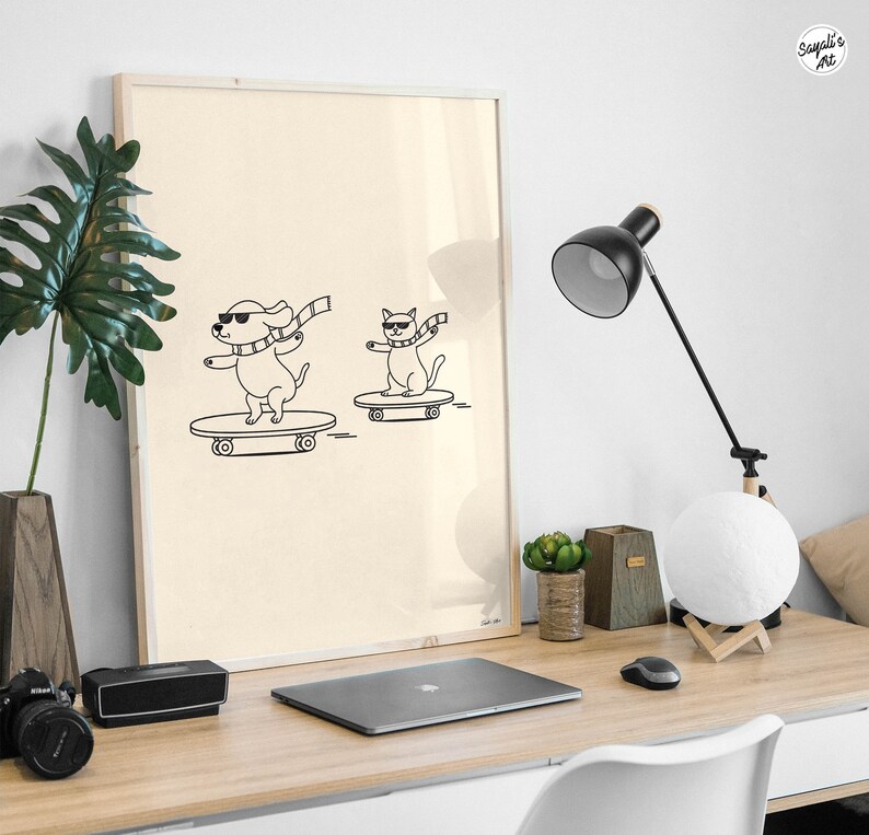 funny doodle/ line art of cat and dog skateboarding, minimal funny line art