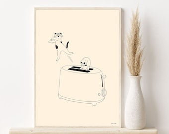Minimal Funny kitchen decor, cat and dog poster,kitchen wall art,funny kitchen sign, minimal pet decor