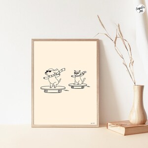 funny doodle/ line art of cat and dog skateboarding, minimal funny line art