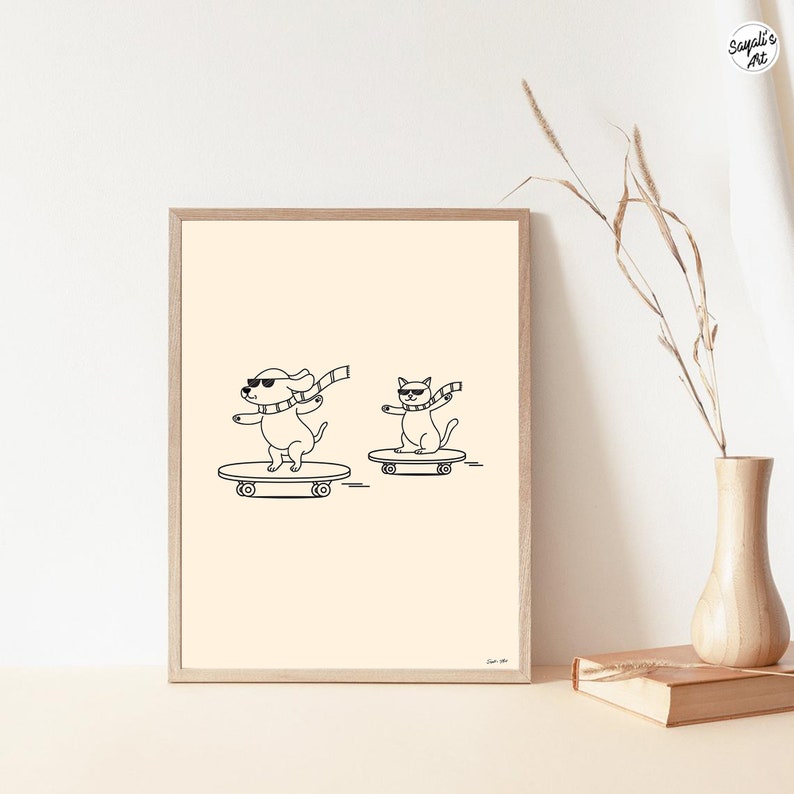 funny doodle/ line art of cat and dog skateboarding, minimal funny line art