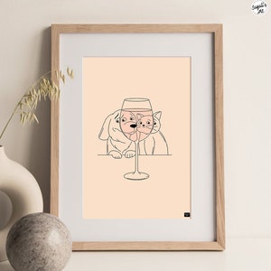 funny cat and dog looking at a glass of wine,
minimal line art