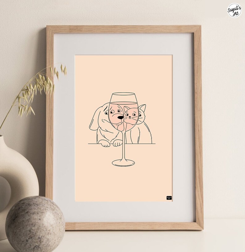 funny cat and dog looking at a glass of wine,
minimal line art