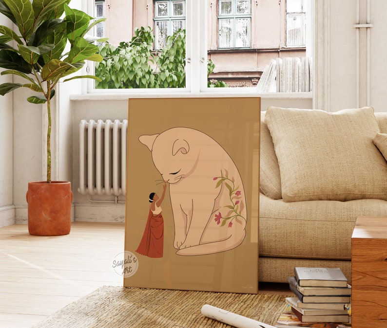 Pode incluir: Uma ilustra&ccedil;&atilde;o digital de uma mulher com um vestido vermelho que se aproxima de um gato grande de cor rosa claro com tatuagens florais. O fundo &eacute; de cor castanho claro.