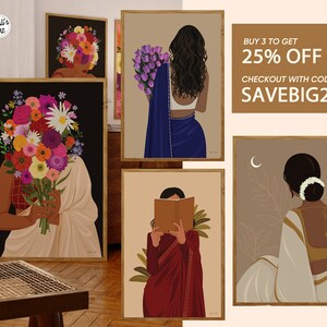 Puede incluir: Cuatro ilustraciones enmarcadas de mujeres con ropa tradicional india. La primera ilustraci&oacute;n presenta a una mujer con un ramo de flores que le cubre la cara. La segunda ilustraci&oacute;n presenta a una mujer con un ramo de flores moradas. La tercera ilustraci&oacute;n presenta a una mujer leyendo un libro. La cuarta ilustraci&oacute;n presenta a una mujer de espaldas al espectador. El texto "BUY 3 TO GET 25% OFF CHECKOUT WITH CODE SAVEBIG25" es visible en la esquina superior derecha de la imagen.