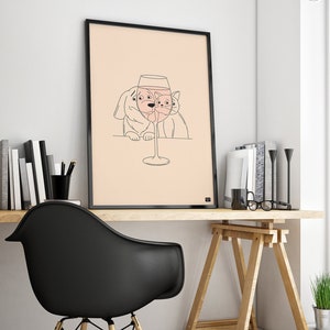 funny cat and dog looking at a glass of wine,
minimal line art