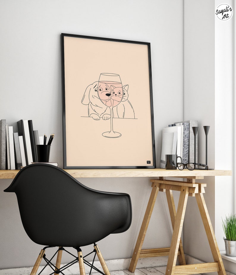 funny cat and dog looking at a glass of wine,
minimal line art