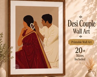 インドのカップルアート、インドのアート、デシアート、インドの新郎新婦、南アジアのアート、南インドのアート、ブラウンカップルアート、デジタルダウンロード