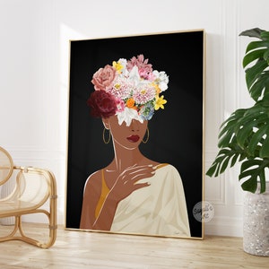 May include: A digital illustration of a person with a dark complexion, wearing a white and gold garment. Their face is obscured by a colourful floral arrangement, with pink, red, white, and yellow flowers.