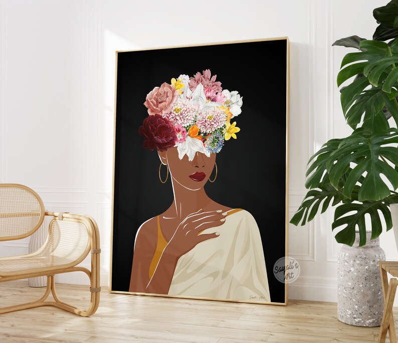 May include: A digital illustration of a person with a dark complexion, wearing a white and gold garment. Their face is obscured by a colourful floral arrangement, with pink, red, white, and yellow flowers.
