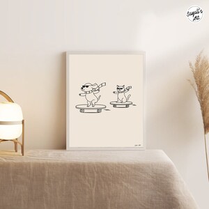 funny doodle/ line art of cat and dog skateboarding, minimal funny line art