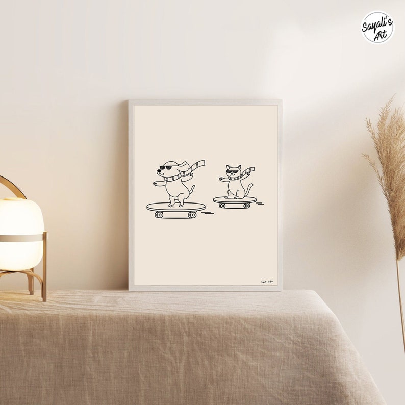 funny doodle/ line art of cat and dog skateboarding, minimal funny line art