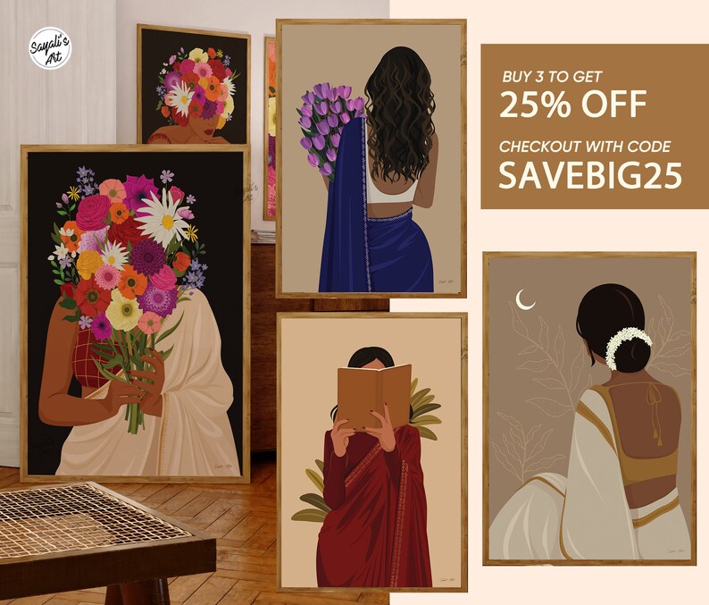 Pode incluir: Quatro ilustra&ccedil;&otilde;es emolduradas de mulheres com roupas tradicionais indianas. A primeira ilustra&ccedil;&atilde;o apresenta uma mulher com um buqu&ecirc; de flores cobrindo seu rosto. A segunda ilustra&ccedil;&atilde;o apresenta uma mulher com um buqu&ecirc; de flores roxas. A terceira ilustra&ccedil;&atilde;o apresenta uma mulher lendo um livro. A quarta ilustra&ccedil;&atilde;o apresenta uma mulher de costas para o espectador. O texto "BUY 3 TO GET 25% OFF CHECKOUT WITH CODE SAVEBIG25" &eacute; vis&iacute;vel no canto superior direito da imagem.